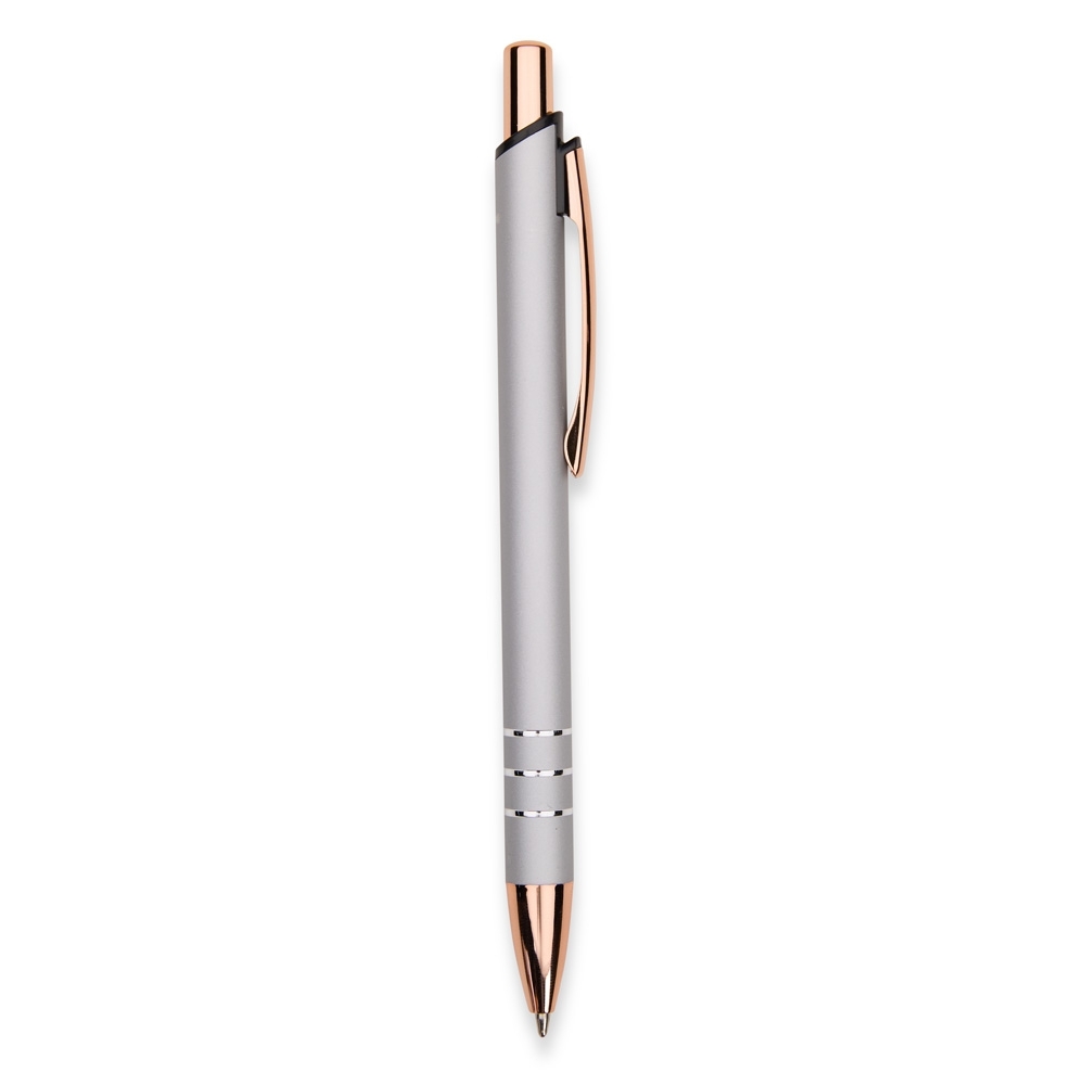 Caneta de metal fosca com detalhes acobreados e anéis modelo 2 personalizada com a logo da empresa, na cor prata / cobre