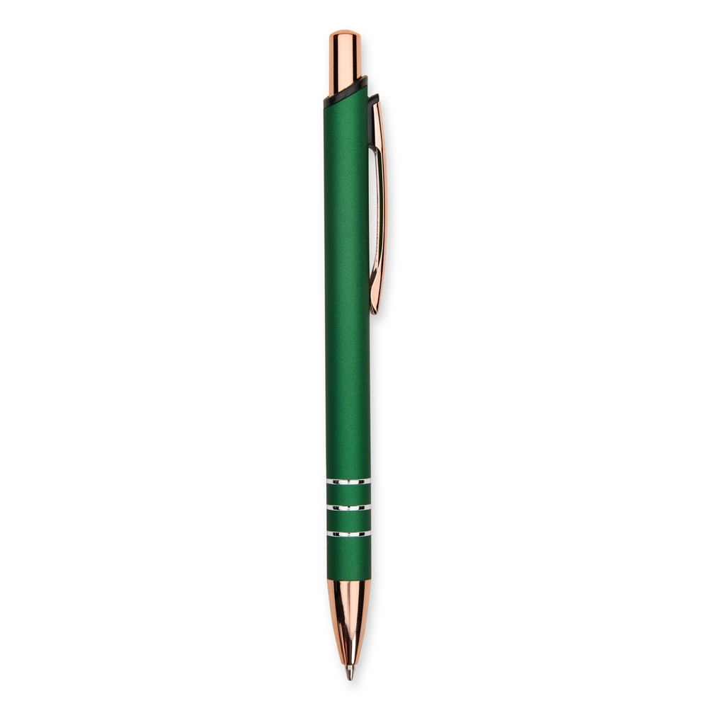 Caneta de metal fosca com detalhes acobreados e anéis modelo 2 personalizada com a logo da empresa, na cor verde / cobre
