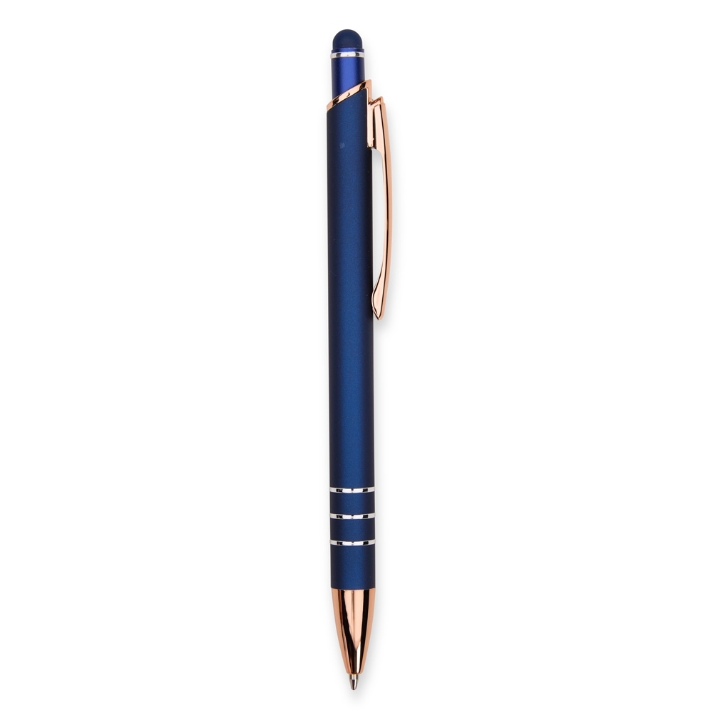 Caneta de metal touch emborrachada com três anéis acobreados personalizada com a logo da empresa