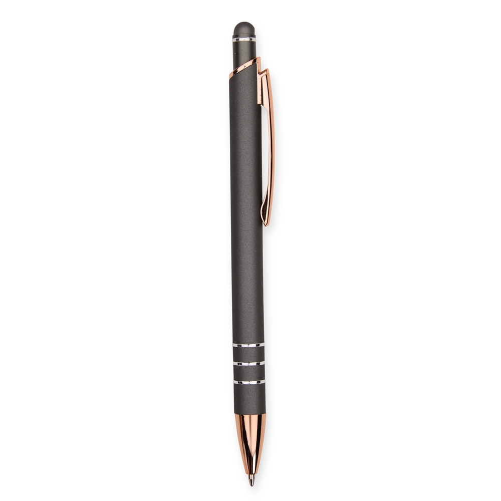 Caneta de metal touch emborrachada com três anéis acobreados personalizada com a logo da empresa, na cor chumbo / cobre