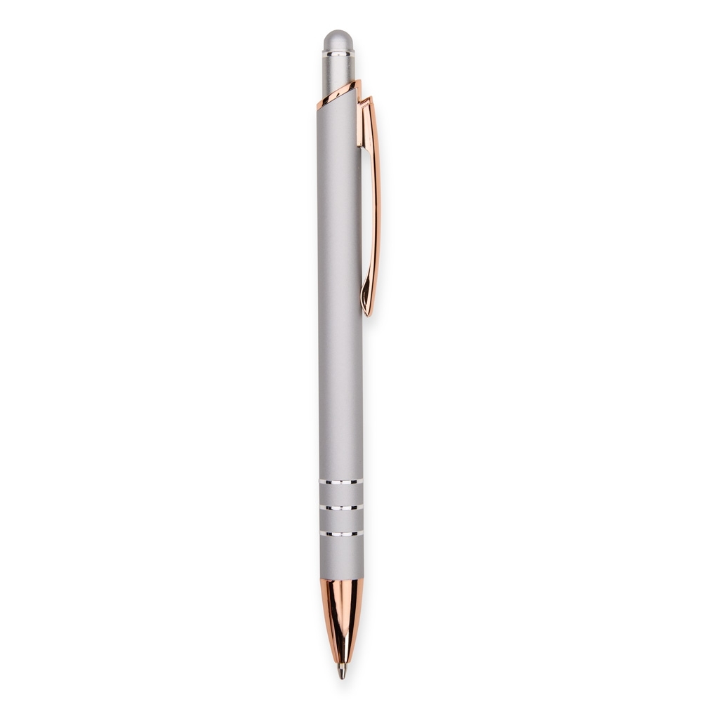 Caneta de metal touch emborrachada com três anéis acobreados personalizada com a logo da empresa, na cor prata / cobre