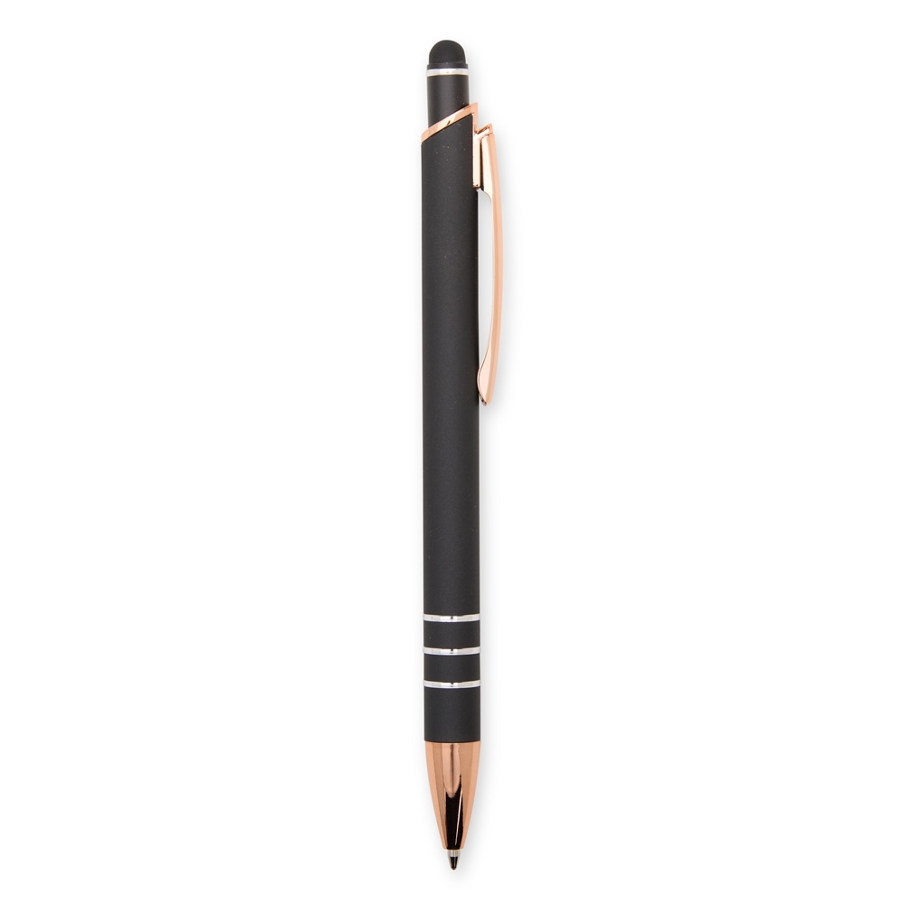 Caneta de metal touch emborrachada com três anéis acobreados na cor Preto / Cobre, personalizada com a logo da empresa