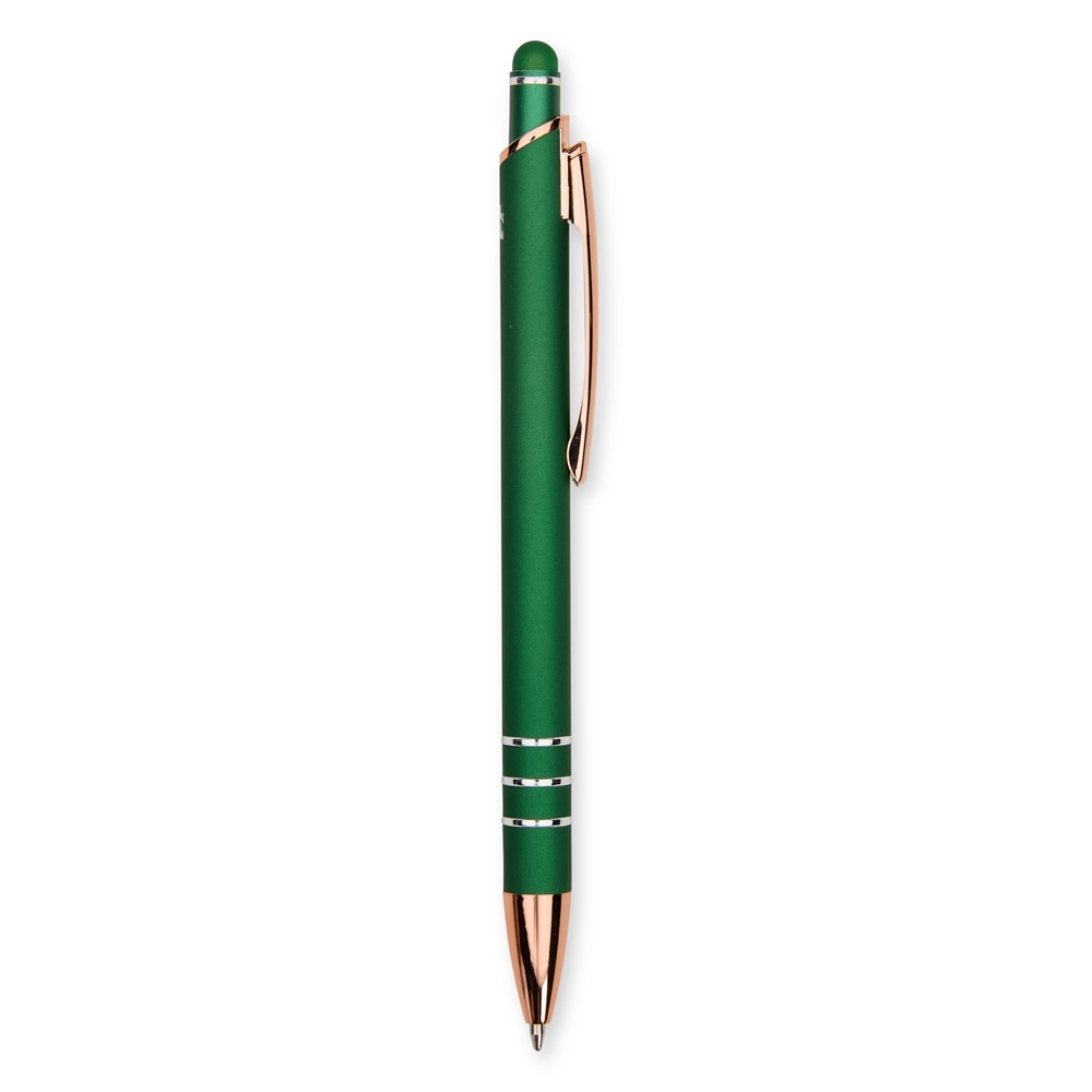 Caneta de metal touch emborrachada com três anéis acobreados personalizada com a logo da empresa, na cor verde / cobre
