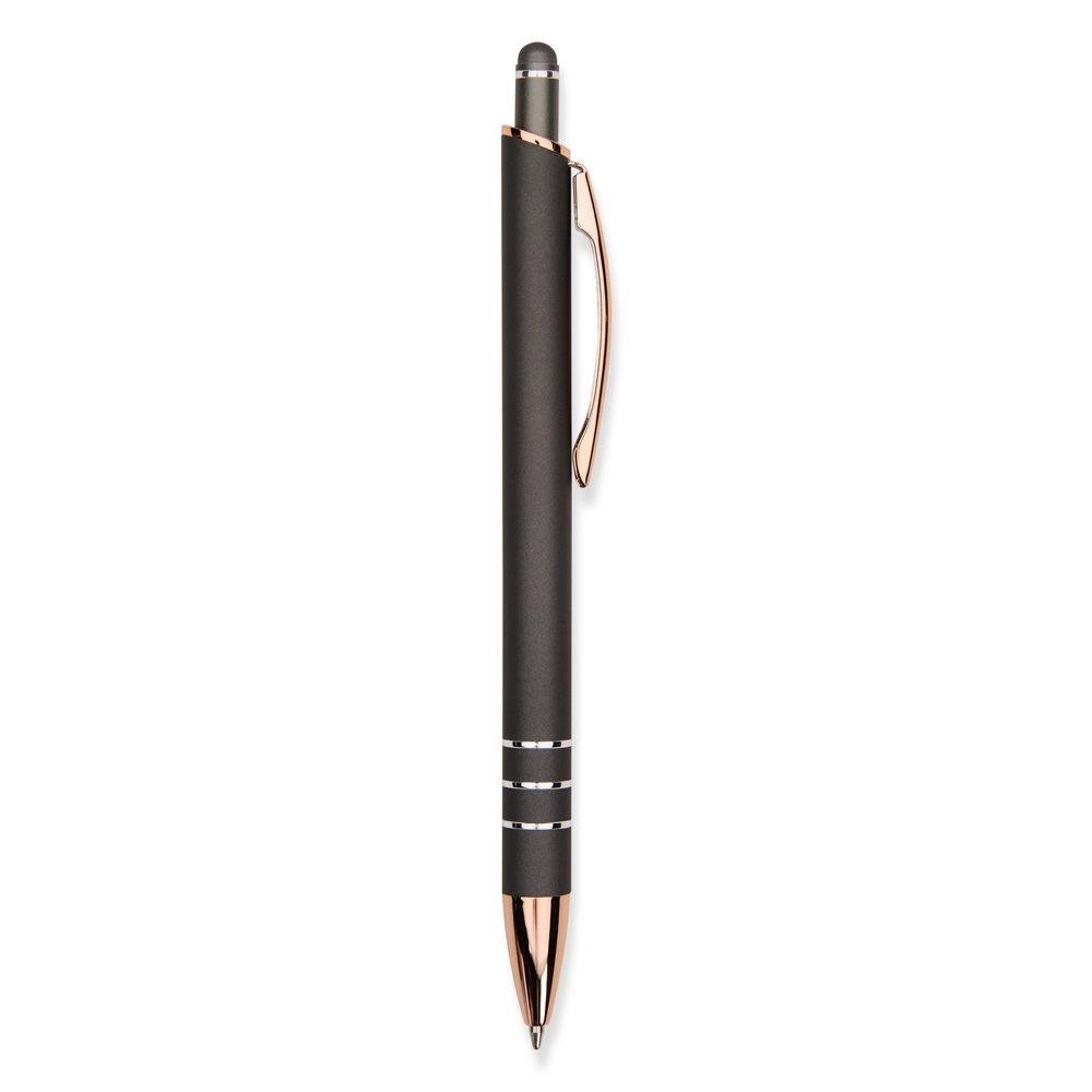 Caneta de metal touch emborrachada com três anéis acobreados modelo 2 personalizada com a logo da empresa, na cor chumbo / cobre