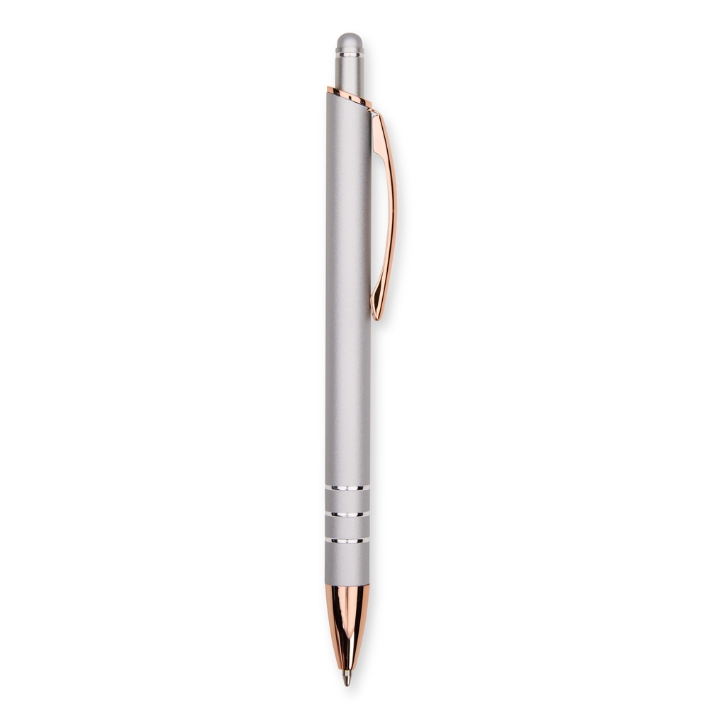 Caneta de metal touch emborrachada com três anéis acobreados modelo 2 personalizada com a logo da empresa, na cor prata / cobre