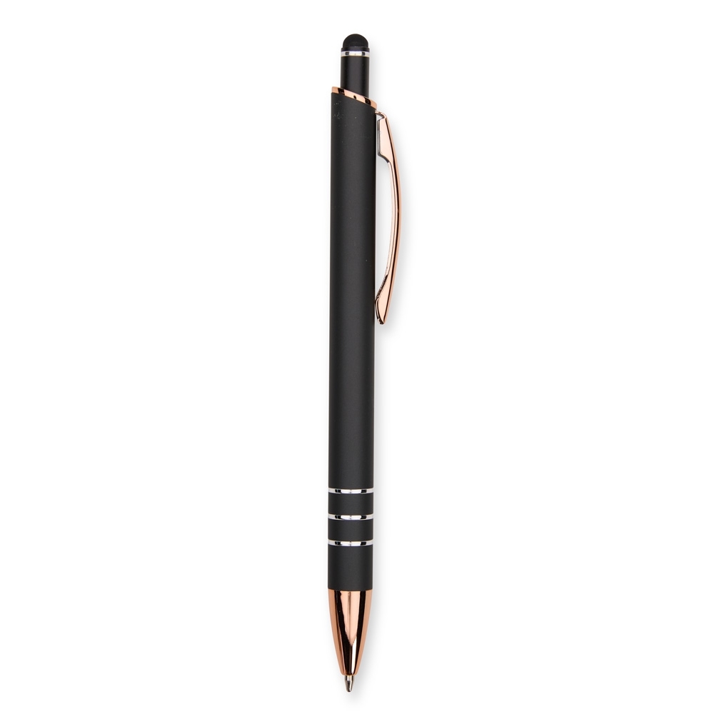 Caneta de metal touch emborrachada com três anéis acobreados modelo 2 na cor Preto / Cobre, personalizada com a logo da empresa