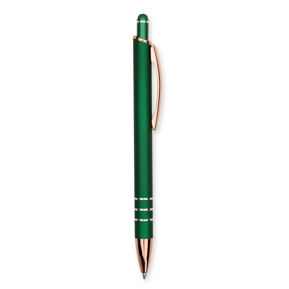 Caneta de metal touch emborrachada com três anéis acobreados modelo 2 personalizada com a logo da empresa, na cor verde / cobre