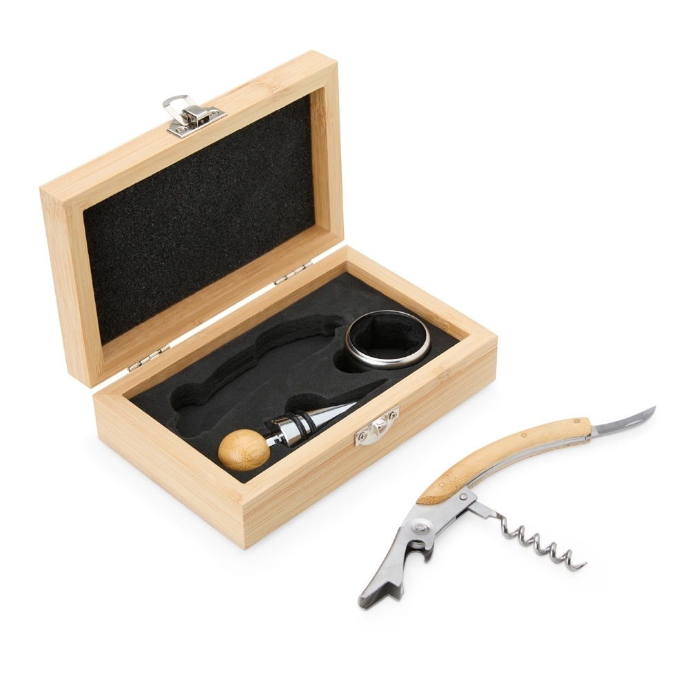 Kit vinho bambu 3 peças personalizado com a logo da empresa