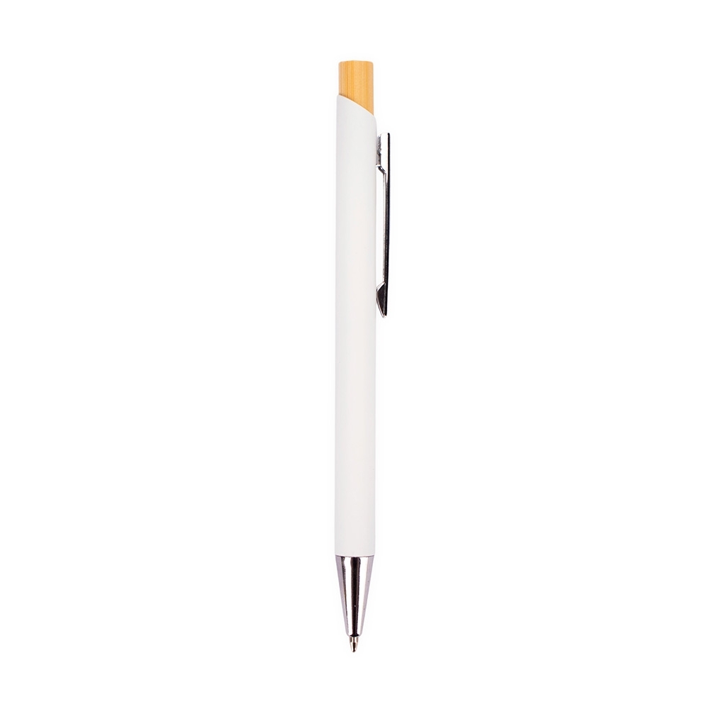 Caneta de metal com acionador de bambu modelo 2 na cor Branco, personalizada com a logo da empresa