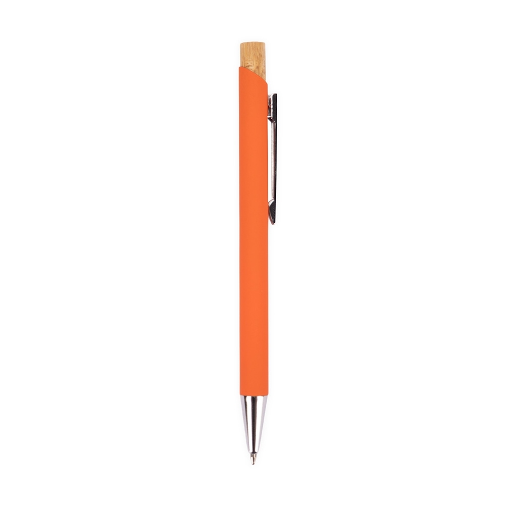 Caneta de metal com acionador de bambu modelo 2 personalizada com a logo da empresa, na cor laranja