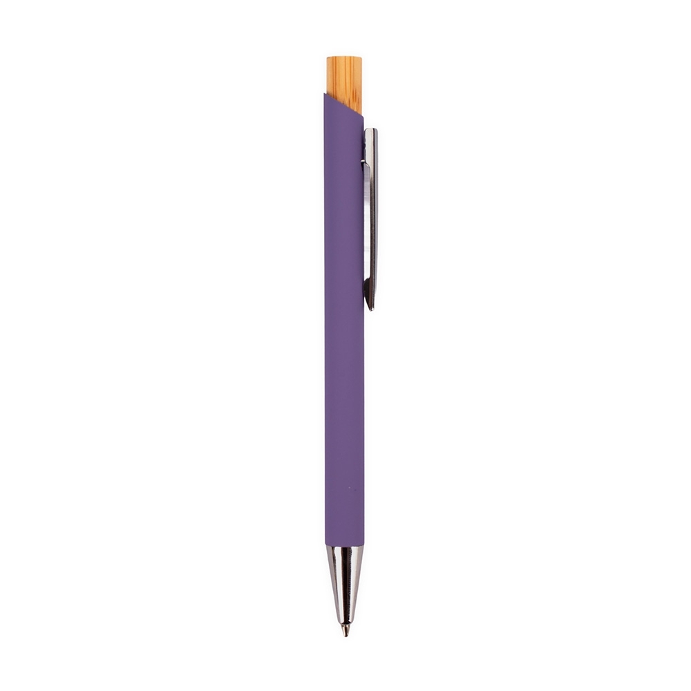 Caneta de metal com acionador de bambu modelo 2 personalizada com a logo da empresa, na cor roxo