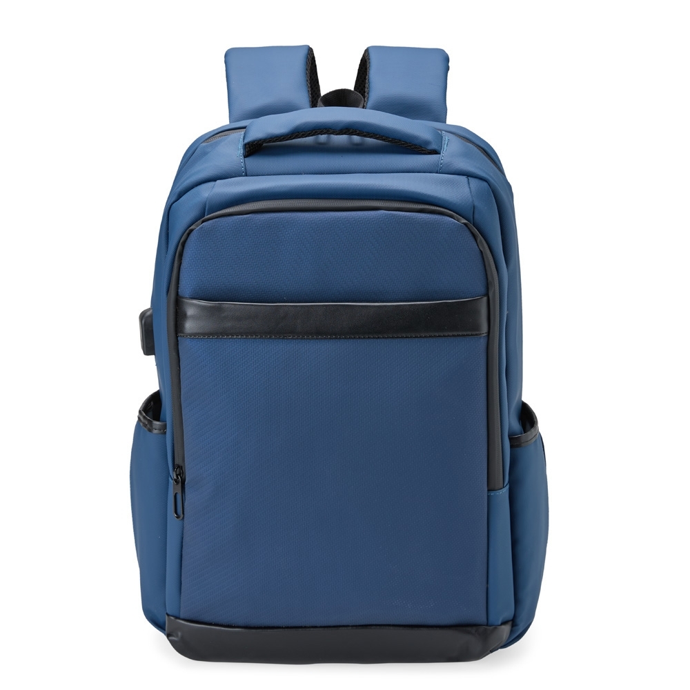 Mochila de couro sintético USB 26 litros personalizada com a logo da empresa, na cor azul