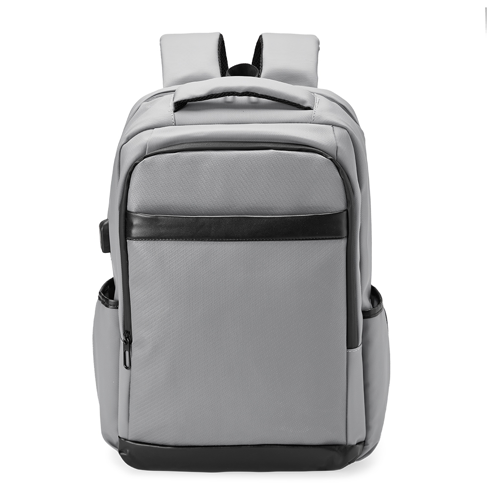 Mochila de couro sintético USB 26 litros personalizada com a logo da empresa, na cor cinza claro / preto
