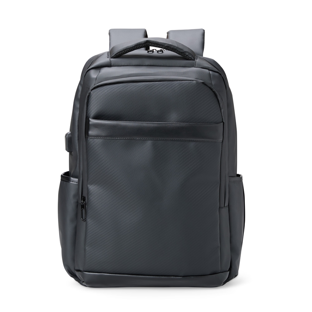 Mochila de couro sintético USB 26 litros na cor Preto, personalizada com a logo da empresa