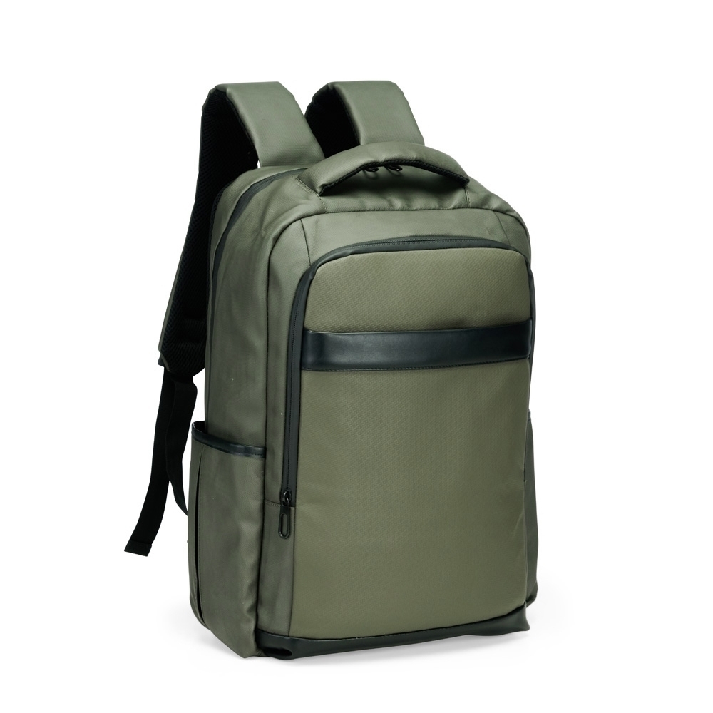 Mochila de couro sintético USB 26 litros personalizada com a logo da empresa, na cor verde claro / preto