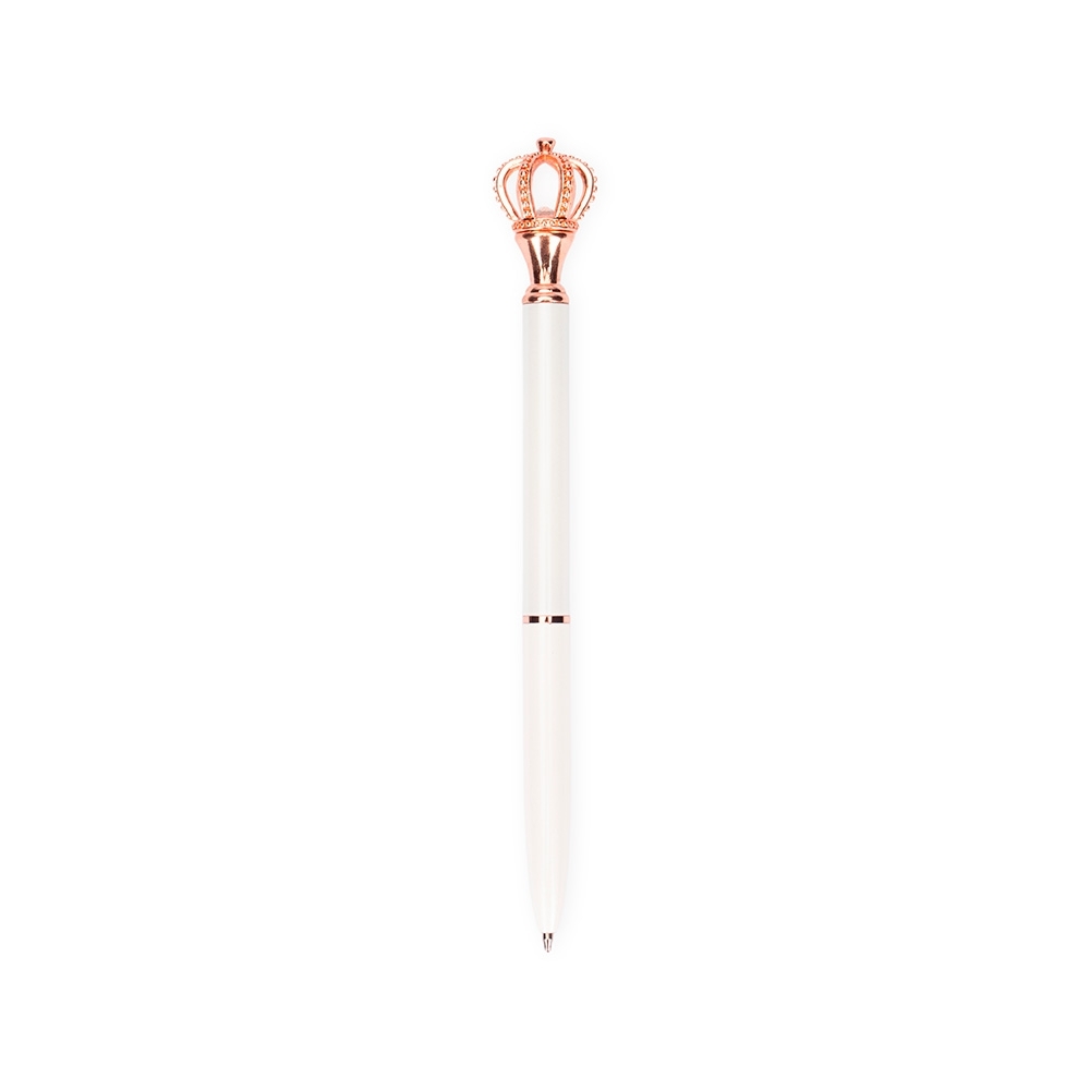 Caneta de metal coroa giratória com corpo esmaltado na cor Branco / Cobre, personalizada com a logo da empresa