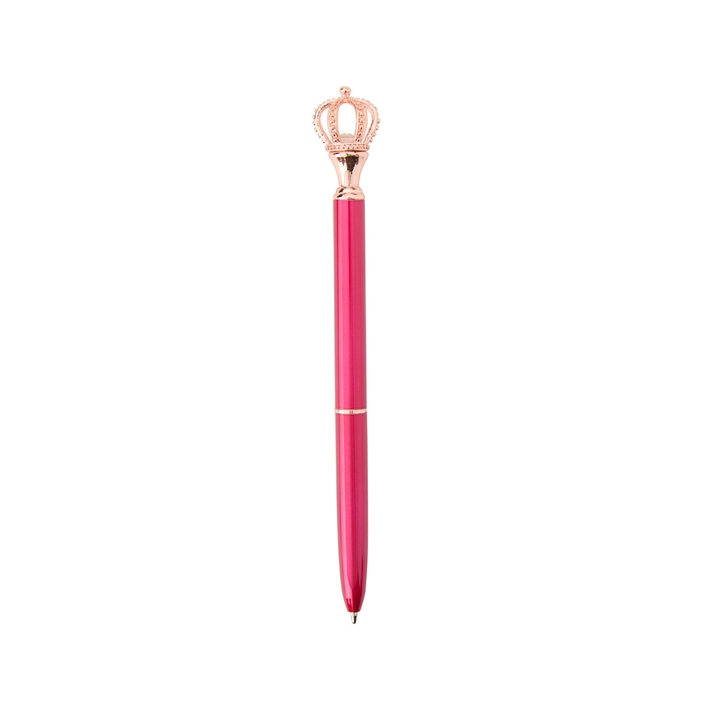 Caneta de metal coroa giratória com corpo esmaltado personalizada com a logo da empresa, na cor pink