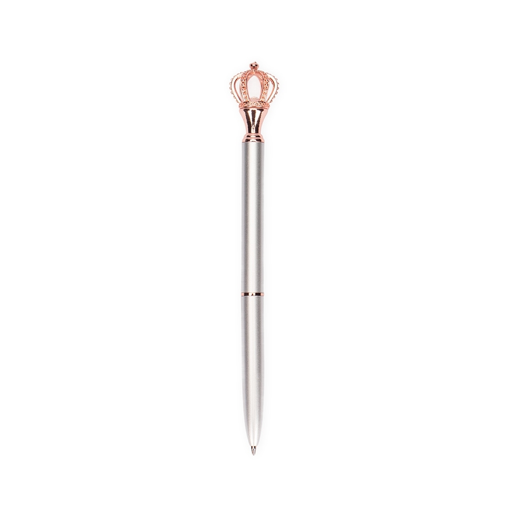 Caneta de metal coroa giratória com corpo esmaltado personalizada com a logo da empresa, na cor prata