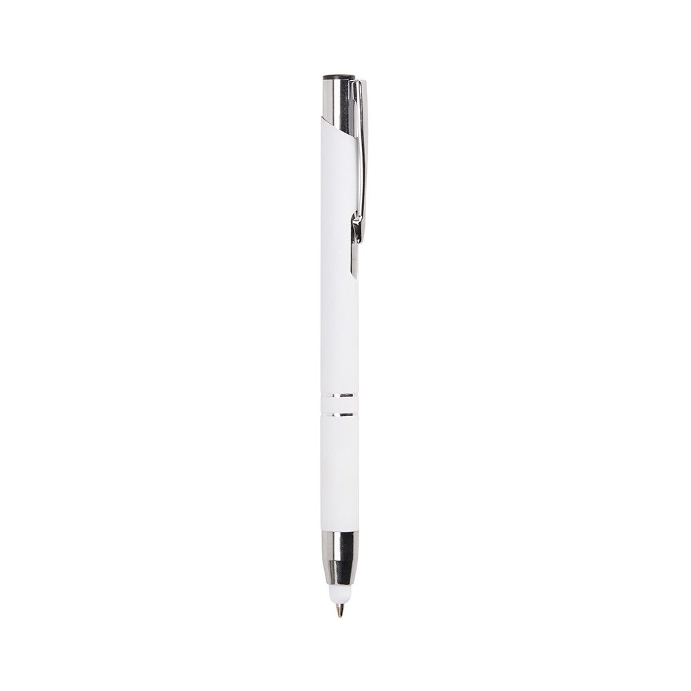 Caneta de metal touch fosca com dois anéis e touch na base personalizada com a logo da empresa, na cor branco