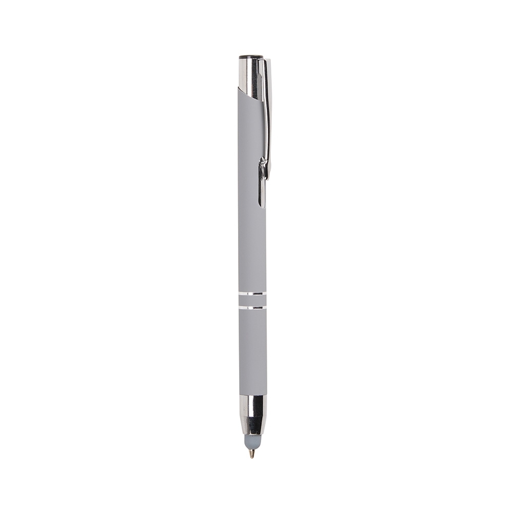 Caneta de metal touch fosca com dois anéis e touch na base personalizada com a logo da empresa, na cor cinza claro