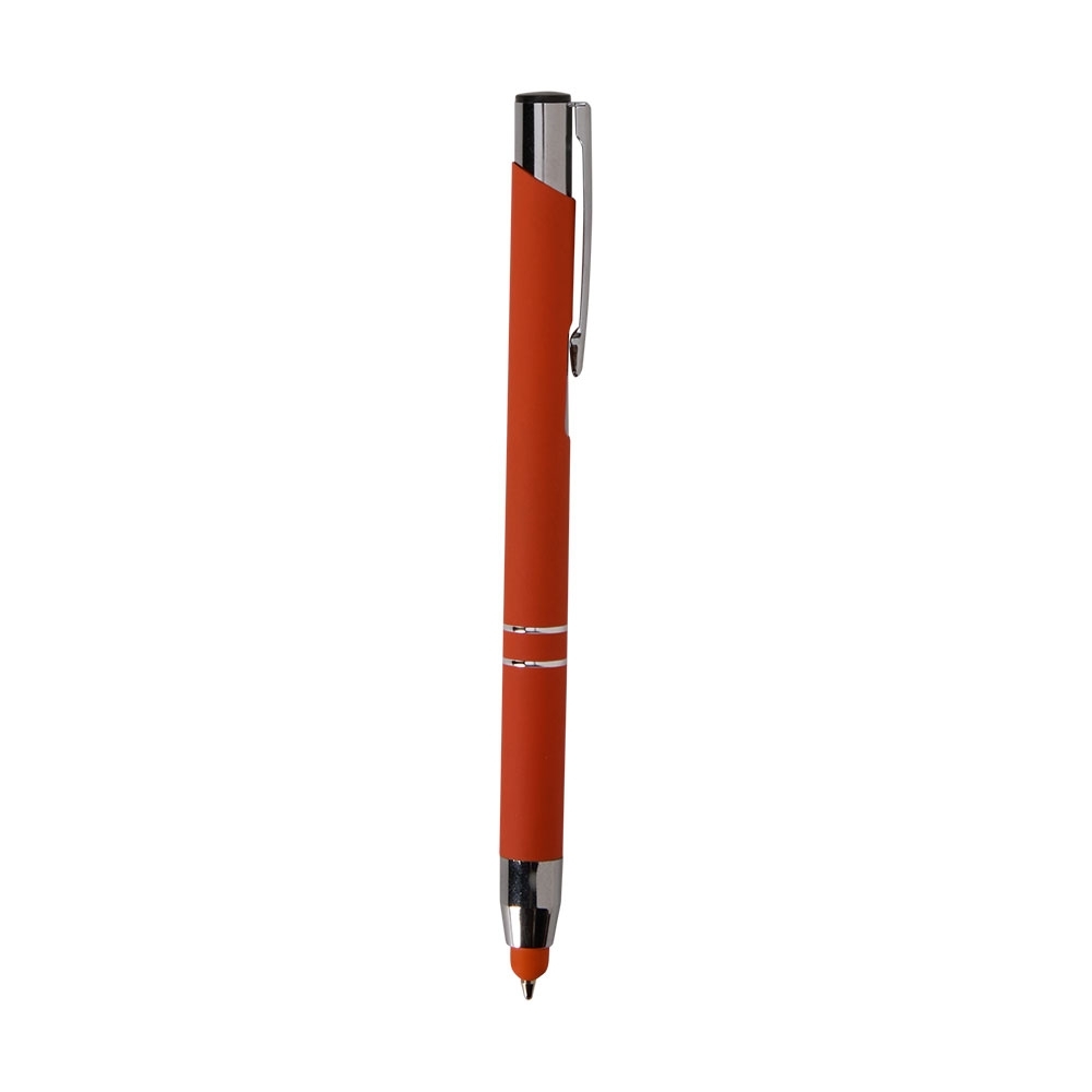 Caneta de metal touch fosca com dois anéis e touch na base personalizada com a logo da empresa, na cor laranja