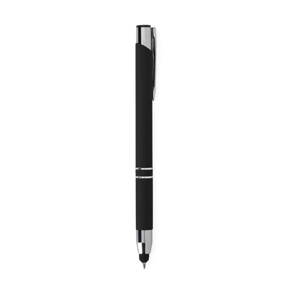Caneta de metal touch fosca com dois anéis e touch na base na cor Preto, personalizada com a logo da empresa