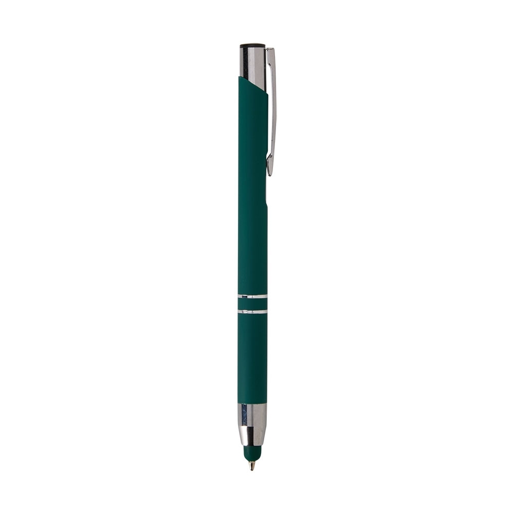 Caneta de metal touch fosca com dois anéis e touch na base personalizada com a logo da empresa, na cor verde