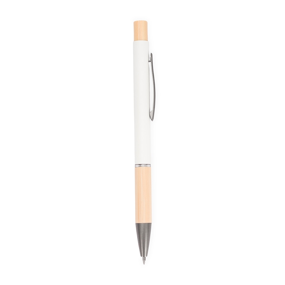 Caneta de metal com pega de bambu personalizada com a logo da empresa, na cor branco
