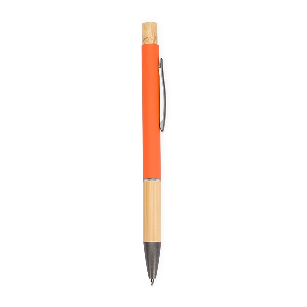 Caneta de metal com pega de bambu personalizada com a logo da empresa, na cor laranja