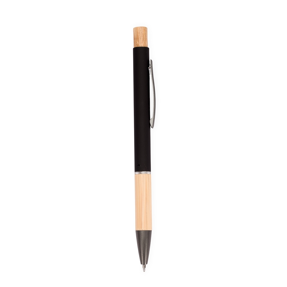 Caneta de metal com pega de bambu na cor Preto, personalizada com a logo da empresa
