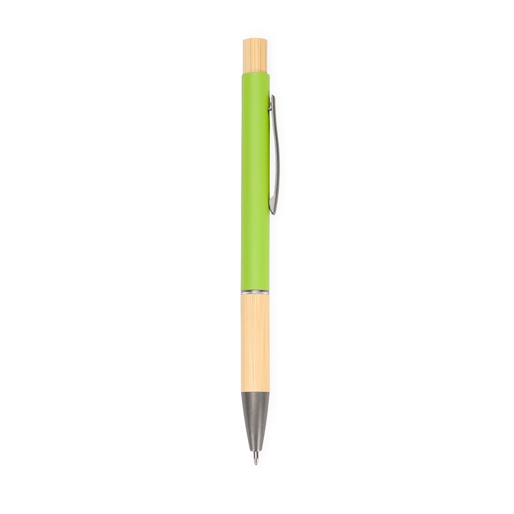Caneta de metal com pega de bambu personalizada com a logo da empresa, na cor verde claro