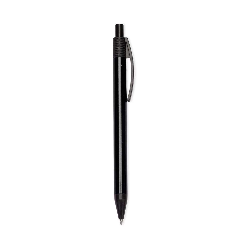 Caneta de metal brilhante com clipe e ponteira de plástico preto na cor Preto, personalizada com a logo da empresa