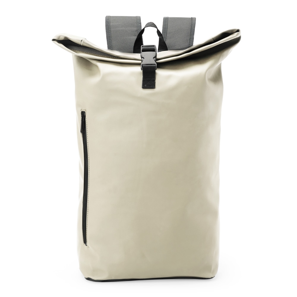 Mochila de couro sintético 30 litros personalizada com a logo da empresa, na cor bege