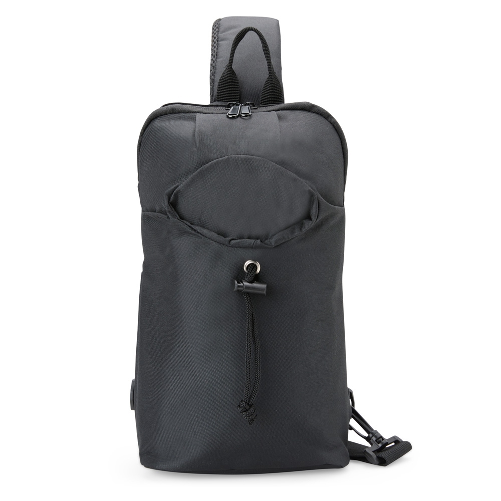Mochila de ombro 4 litros de nylon com bolso frontal na cor Preto, personalizada com a logo da empresa