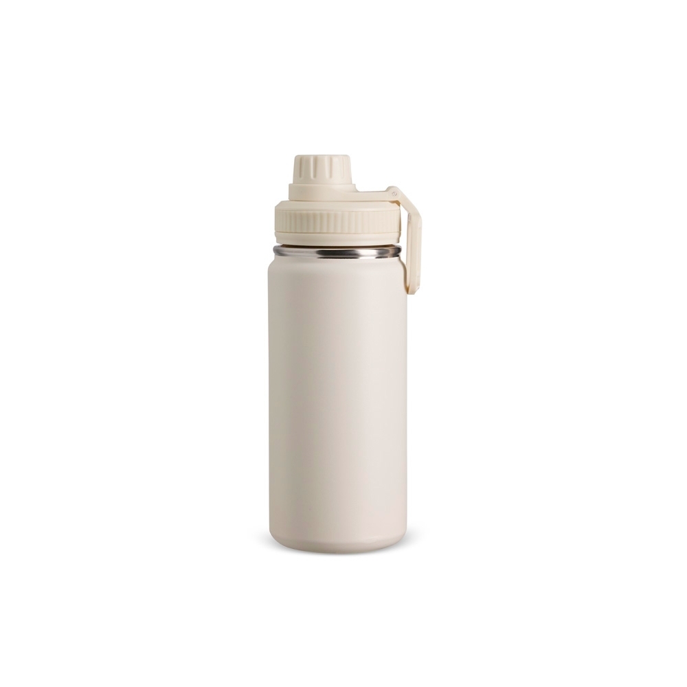 Garrafa térmica inox 550 ml personalizada com a logo da empresa, na cor creme