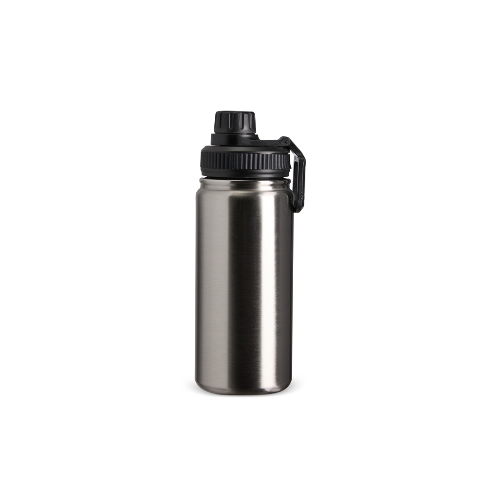 Garrafa térmica inox 550 ml personalizada com a logo da empresa, na cor inox / preto