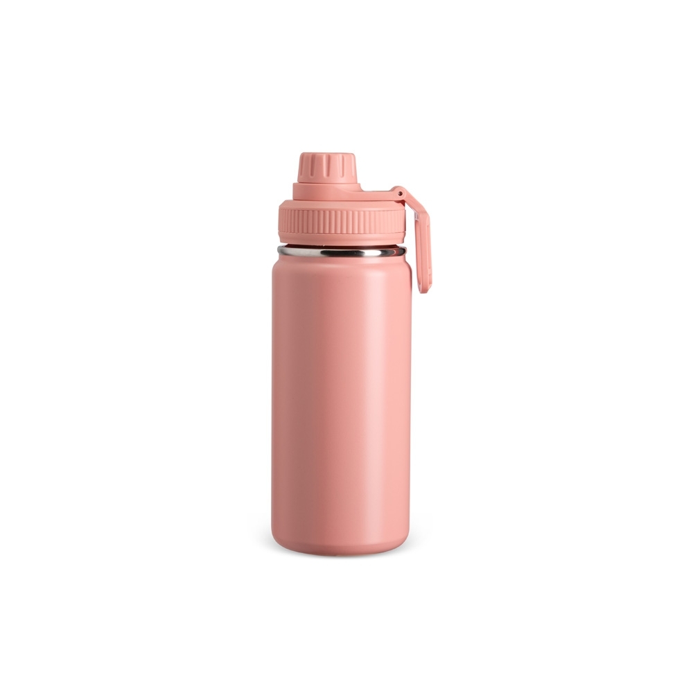 Garrafa térmica inox 550 ml personalizada com a logo da empresa, na cor rosa