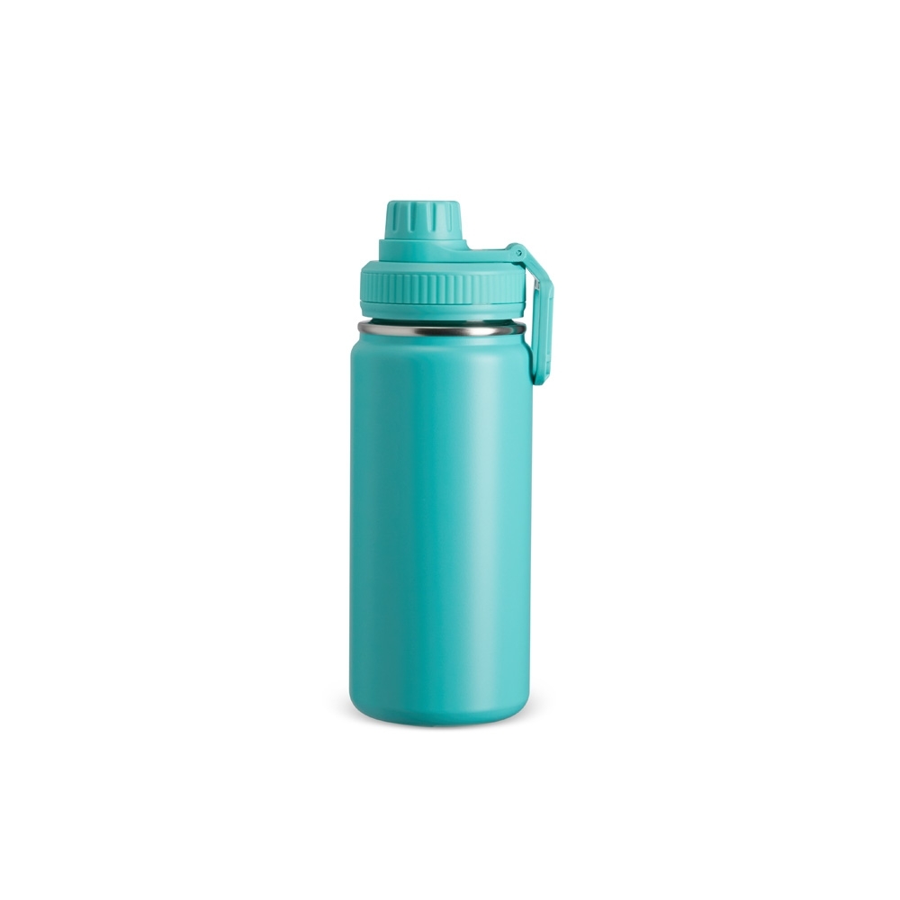 Garrafa térmica inox 550 ml personalizada com a logo da empresa, na cor turquesa