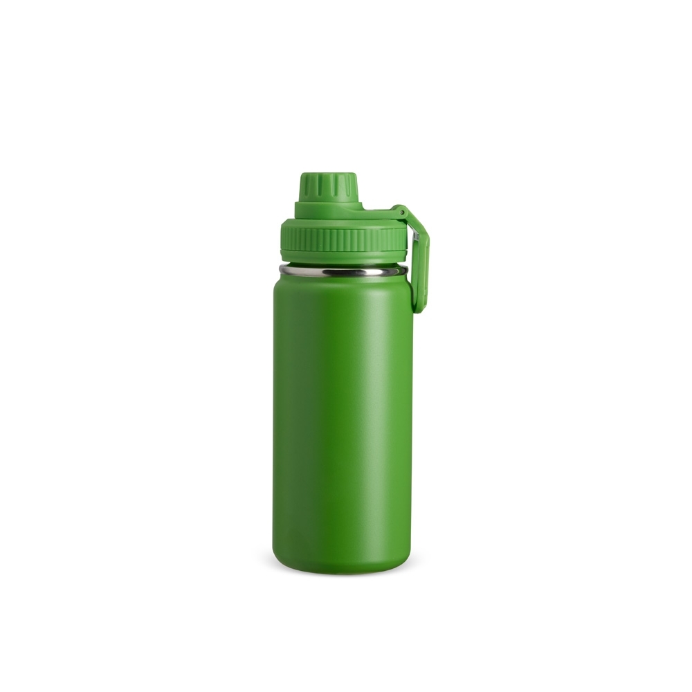 Garrafa térmica inox 550 ml personalizada com a logo da empresa, na cor verde