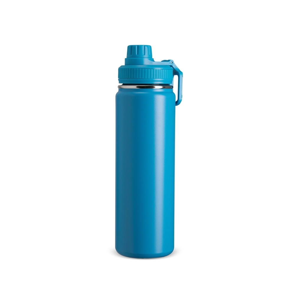 Garrafa térmica inox 750 ml com protetor de bocal e alça retangular personalizada com a logo da empresa
