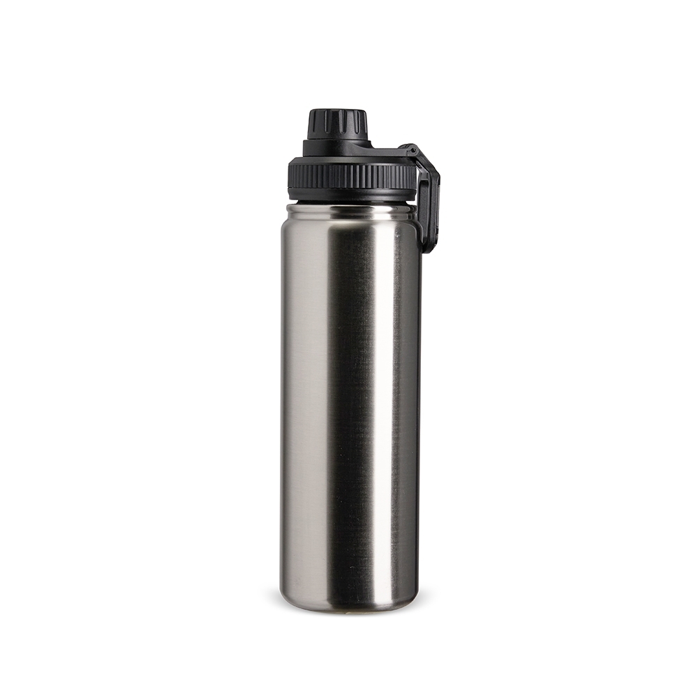 Garrafa térmica inox 750 ml com protetor de bocal e alça retangular personalizada com a logo da empresa, na cor inox / preto
