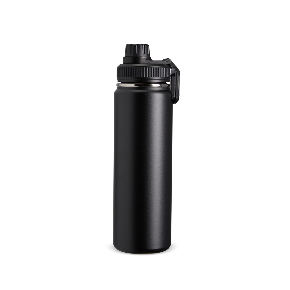 Garrafa térmica inox 750 ml com protetor de bocal e alça retangular na cor Preto, personalizada com a logo da empresa