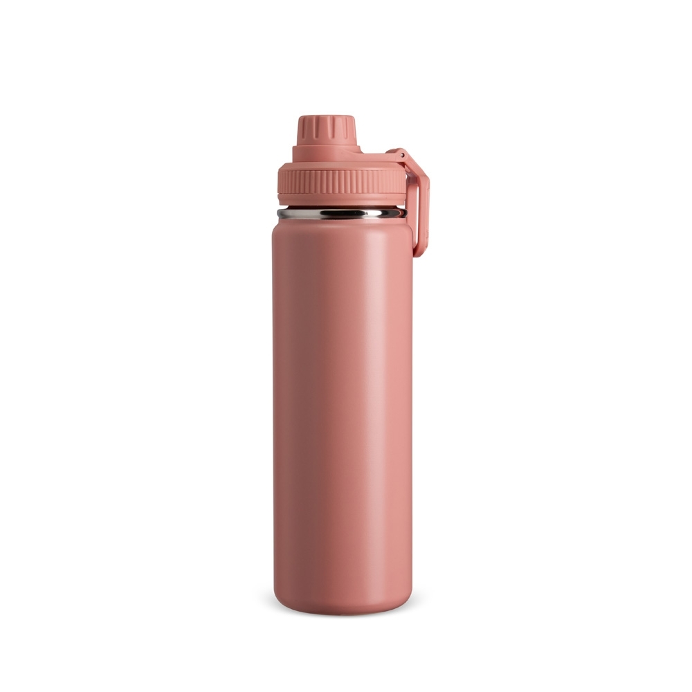 Garrafa térmica inox 750 ml com protetor de bocal e alça retangular personalizada com a logo da empresa, na cor rosa