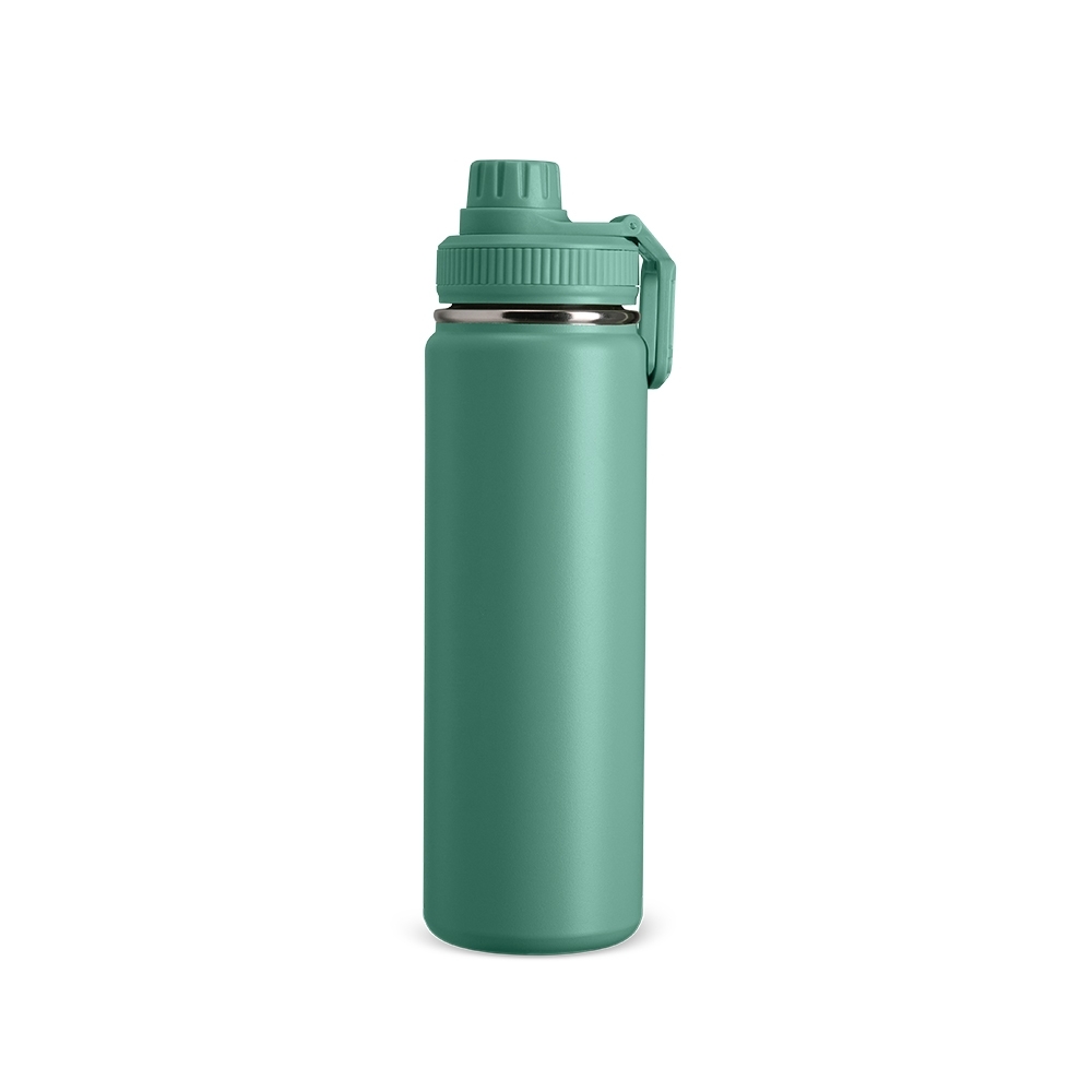 Garrafa térmica inox 750 ml com protetor de bocal e alça retangular personalizada com a logo da empresa, na cor verde