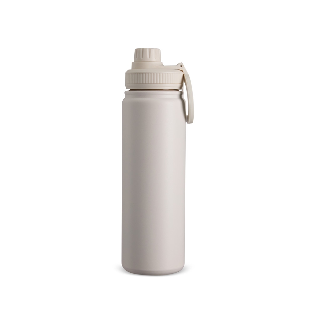 Garrafa térmica inox 750 ml com alça circular magnética para celular personalizada com a logo da empresa, na cor branco