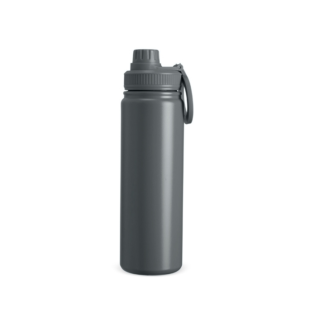 Garrafa térmica inox 750 ml com alça circular magnética para celular personalizada com a logo da empresa, na cor chumbo