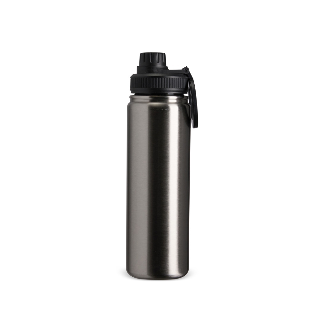 Garrafa térmica inox 750 ml com alça circular magnética para celular personalizada com a logo da empresa, na cor inox / preto
