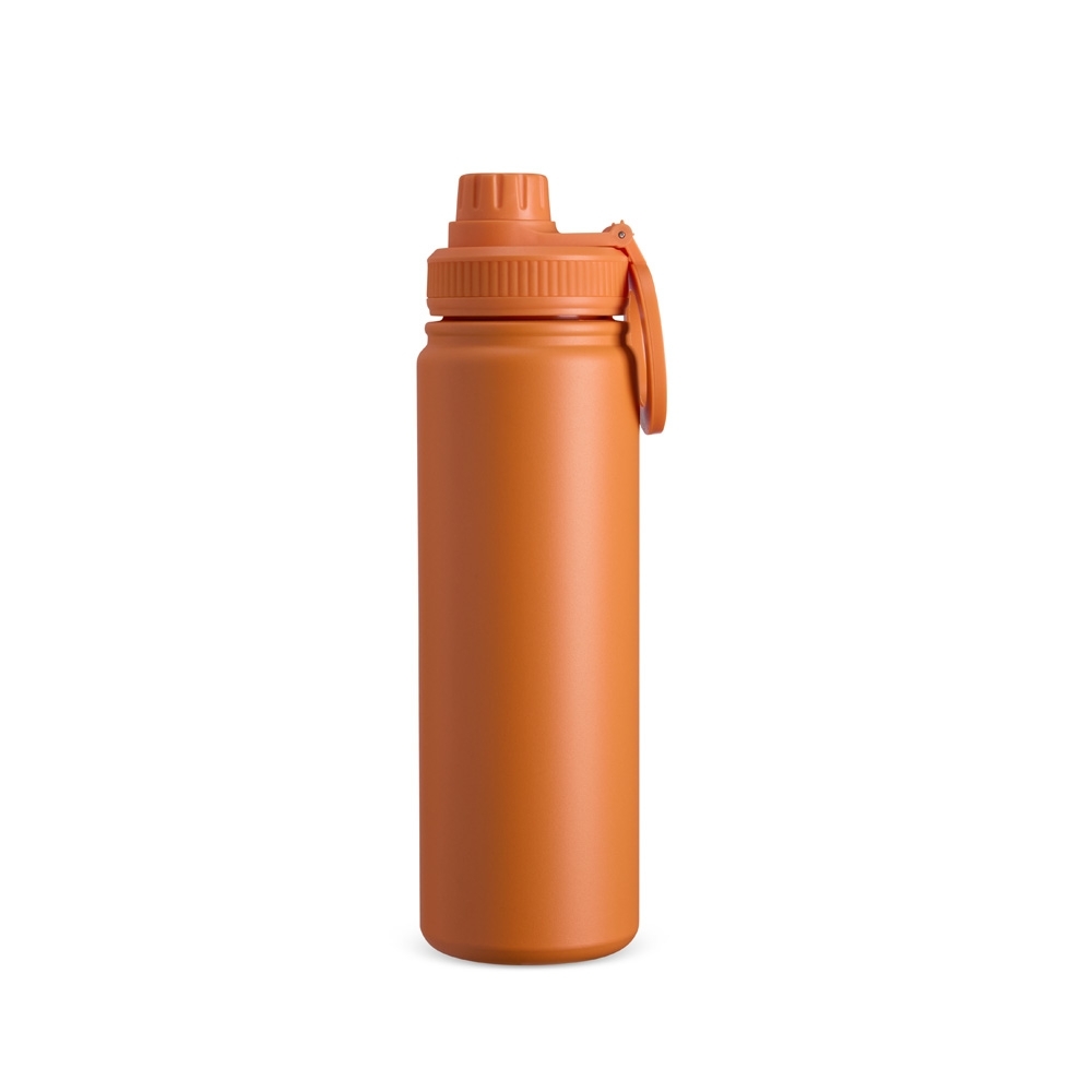 Garrafa térmica inox 750 ml com alça circular magnética para celular personalizada com a logo da empresa, na cor laranja