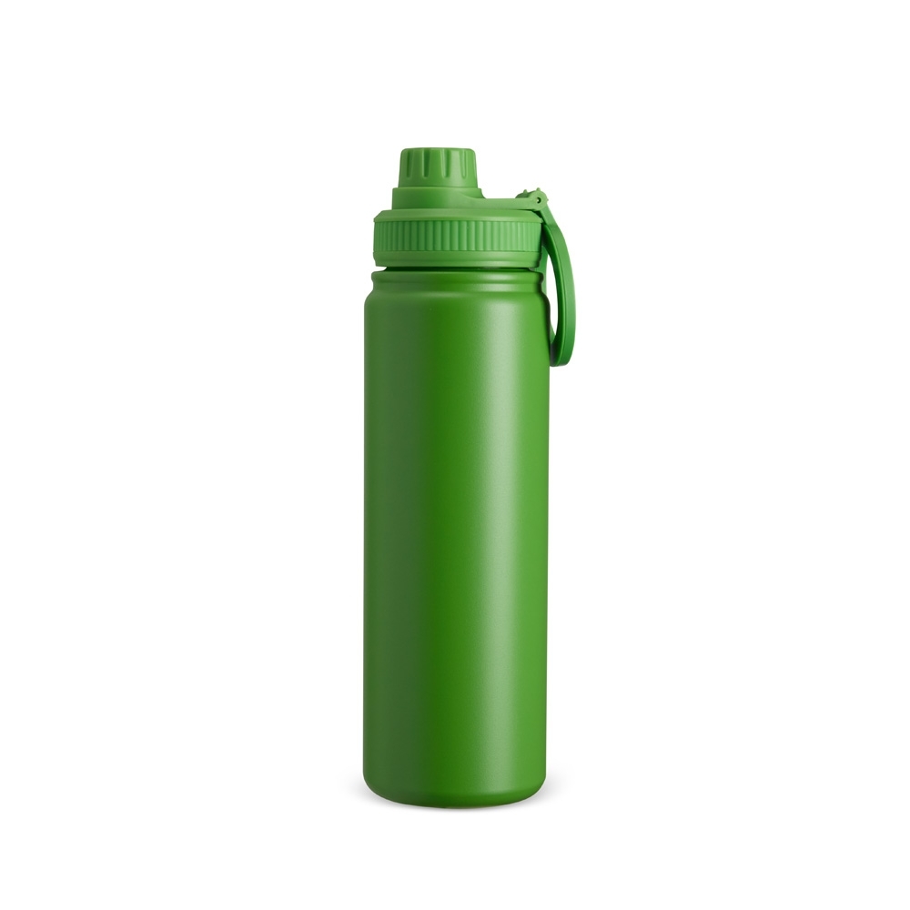 Garrafa térmica inox 750 ml com alça circular magnética para celular personalizada com a logo da empresa, na cor verde