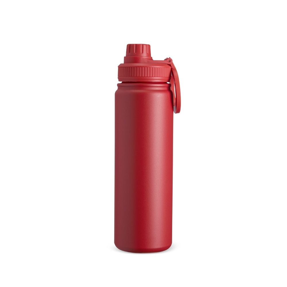 Garrafa térmica inox 750 ml com alça circular magnética para celular personalizada com a logo da empresa, na cor vermelho